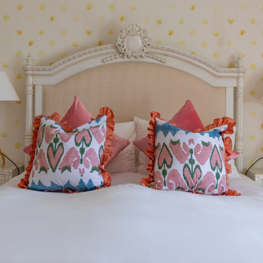 Pink Ikat Ruffle Cushion Cover