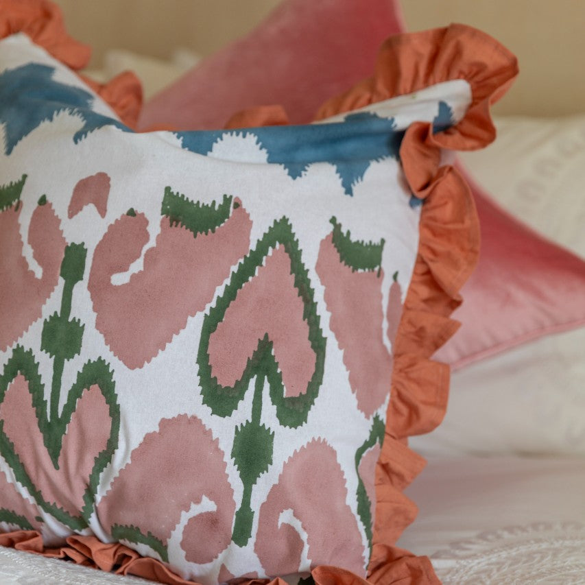Pink Ikat Ruffle Cushion Cover