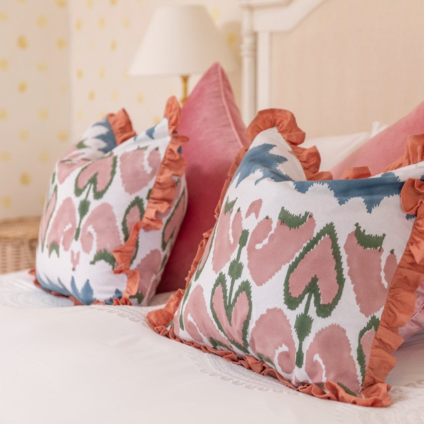 Pink Ikat Ruffle Cushion Cover