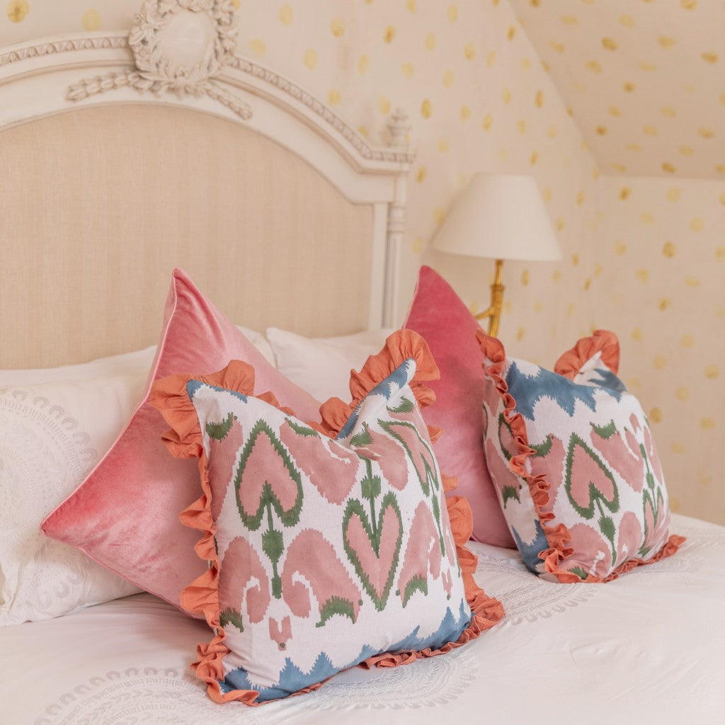 Pink Ikat Ruffle Cushion Cover