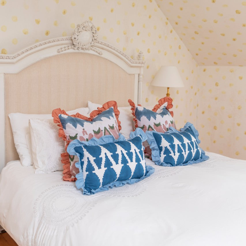 Blue Ikat Ruffle Cushion Cover
