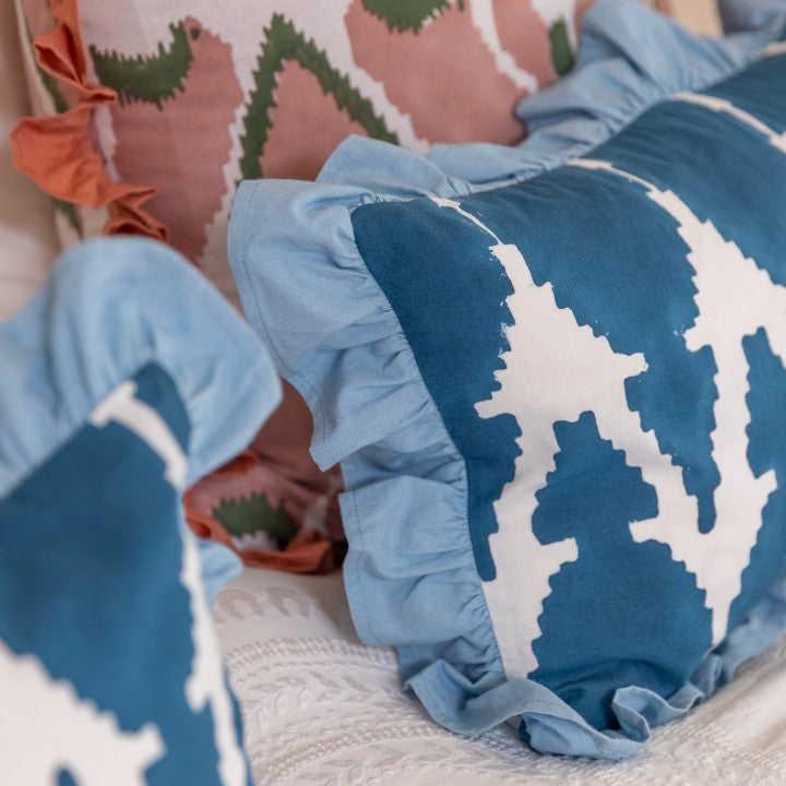 Blue Ikat Ruffle Cushion Cover