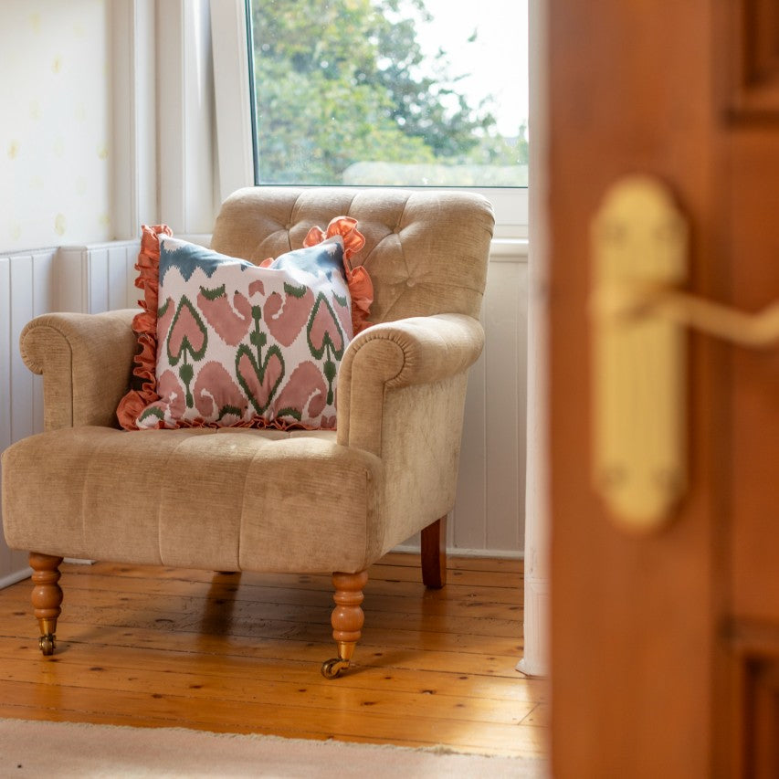 Pink Ikat Ruffle Cushion Cover