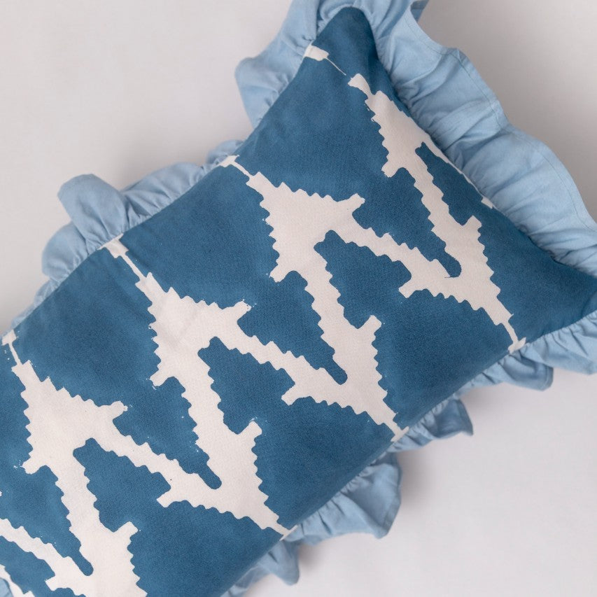 Blue Ikat Ruffle Cushion Cover