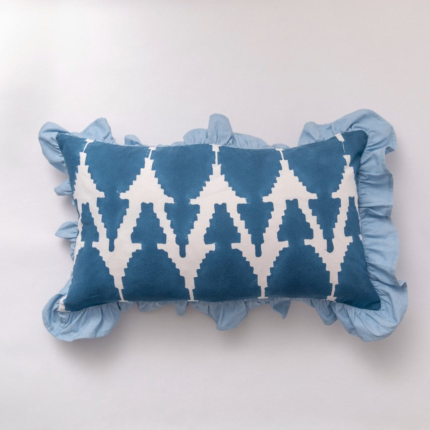 Blue Ikat Ruffle Cushion Cover
