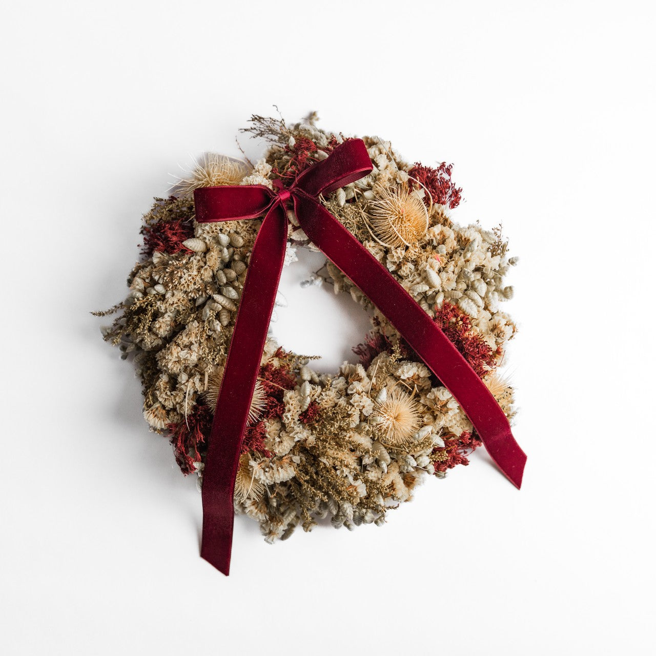 Dried Wreath with Ruby Velvet Bow