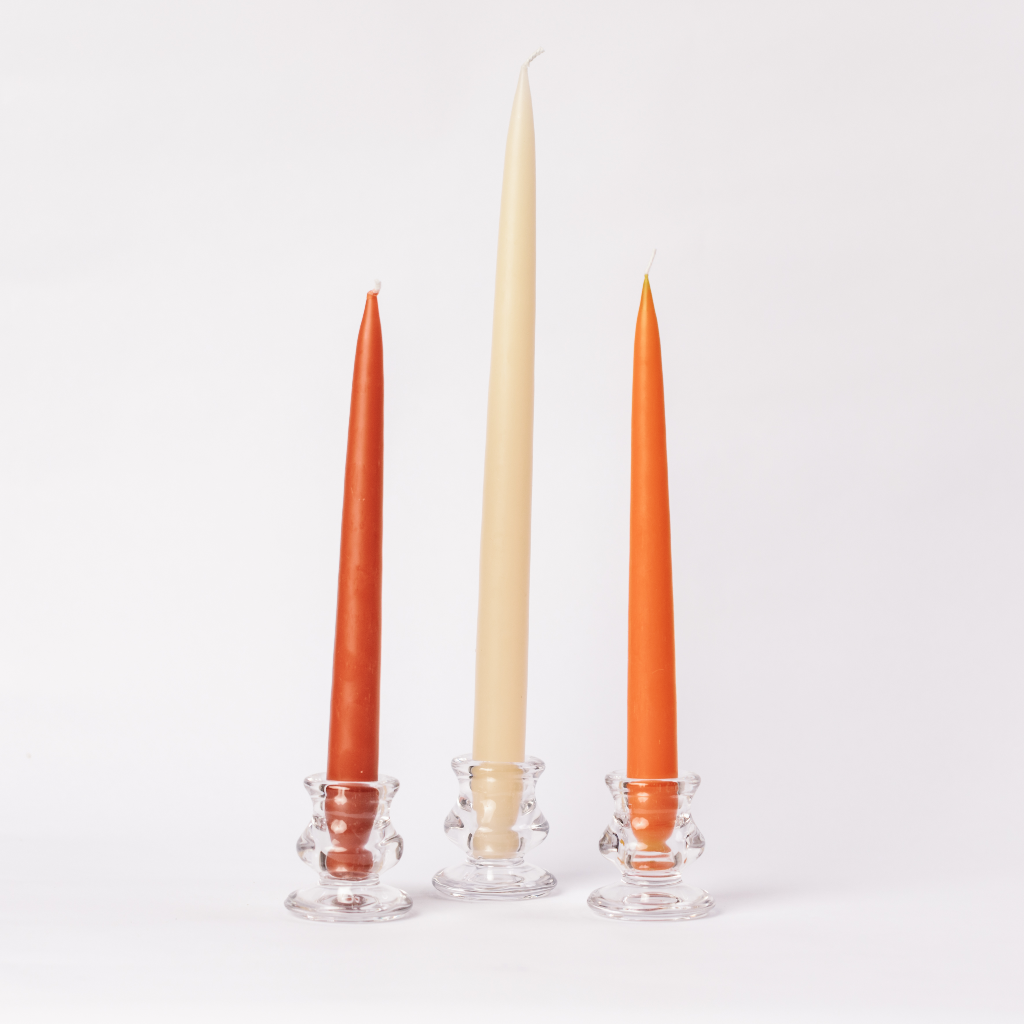 Trio of autumn tapered candles in clear tulip candle holders