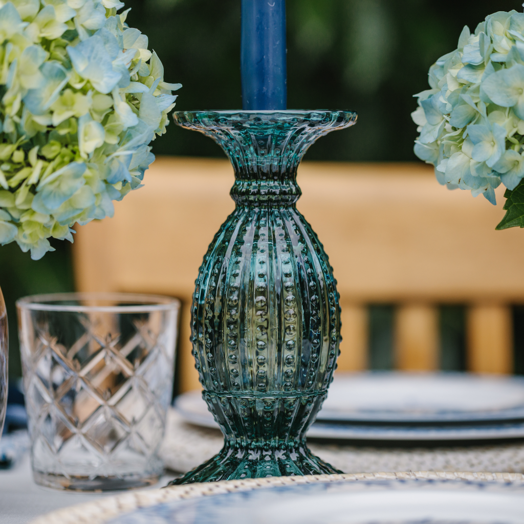 Aquamarine detailed glass candle holder with fluted edge on Santorini tablescape