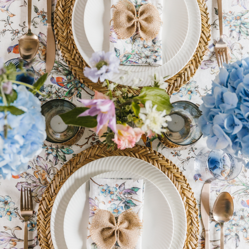 Truffle's spring 2022 Wildflower Garden Tablescape from a top-down view of two place settings.