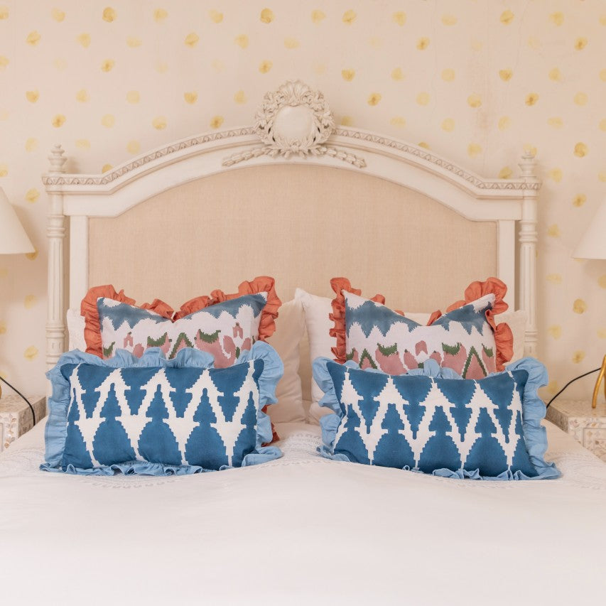 Blue Ikat Ruffle Cushion Cover
