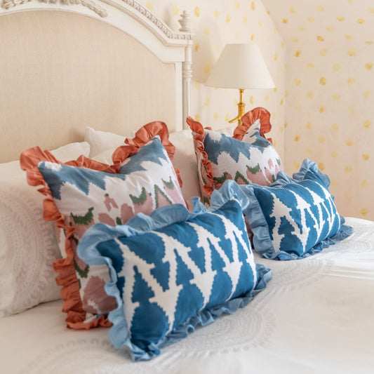 Blue Ikat Ruffle Cushion Cover