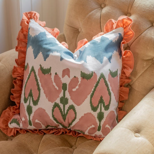 Pink Ikat Ruffle Cushion Cover