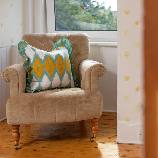 Mint Ikat Ruffle Cushion Cover