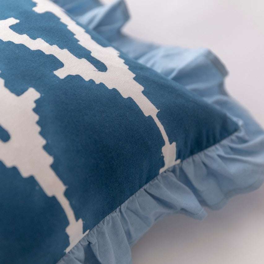 Blue Ikat Ruffle Cushion Cover