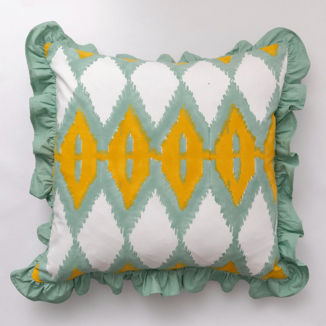 Mint Ikat Ruffle Cushion Cover