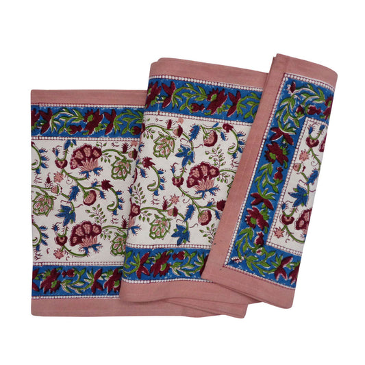 Daphne Table runner with a dusky pink, ocean blue and burgundy floral block print pattern