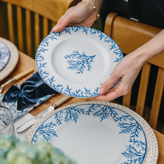 Hands holding blue coral trimmed starter plate with painted coral central design