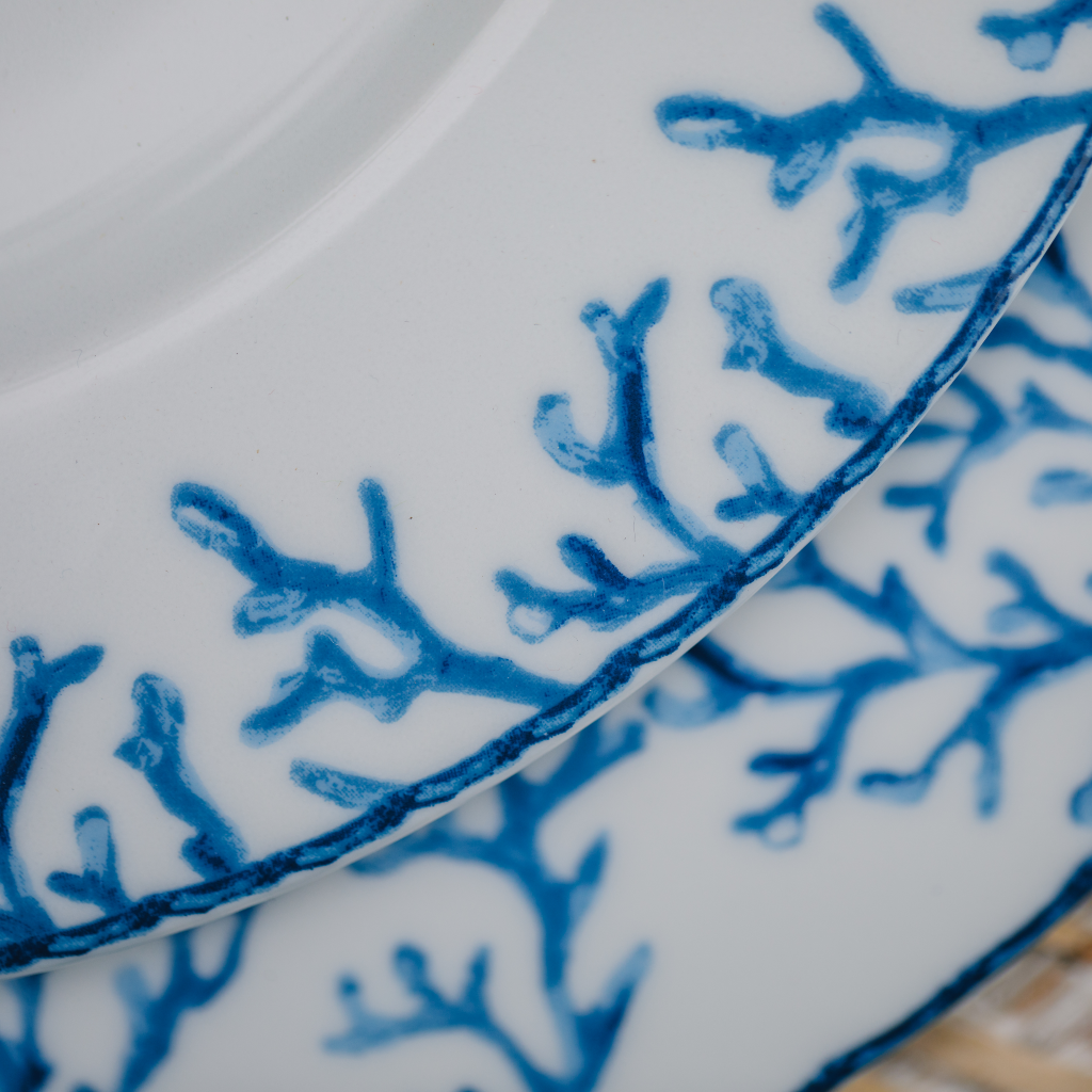 Painted blue coral trim on porcelain dinner and starter plate set