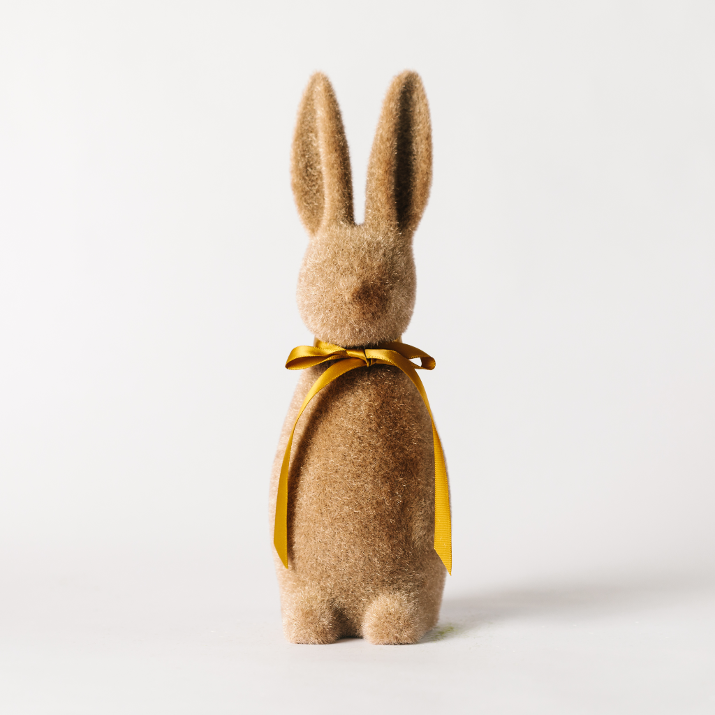 30cm tall flocked brown Easter bunny decoration with brown ribbon tie