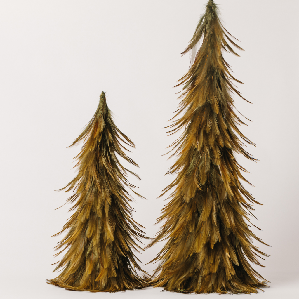 One large and one medium green feather Christmas tree decoration