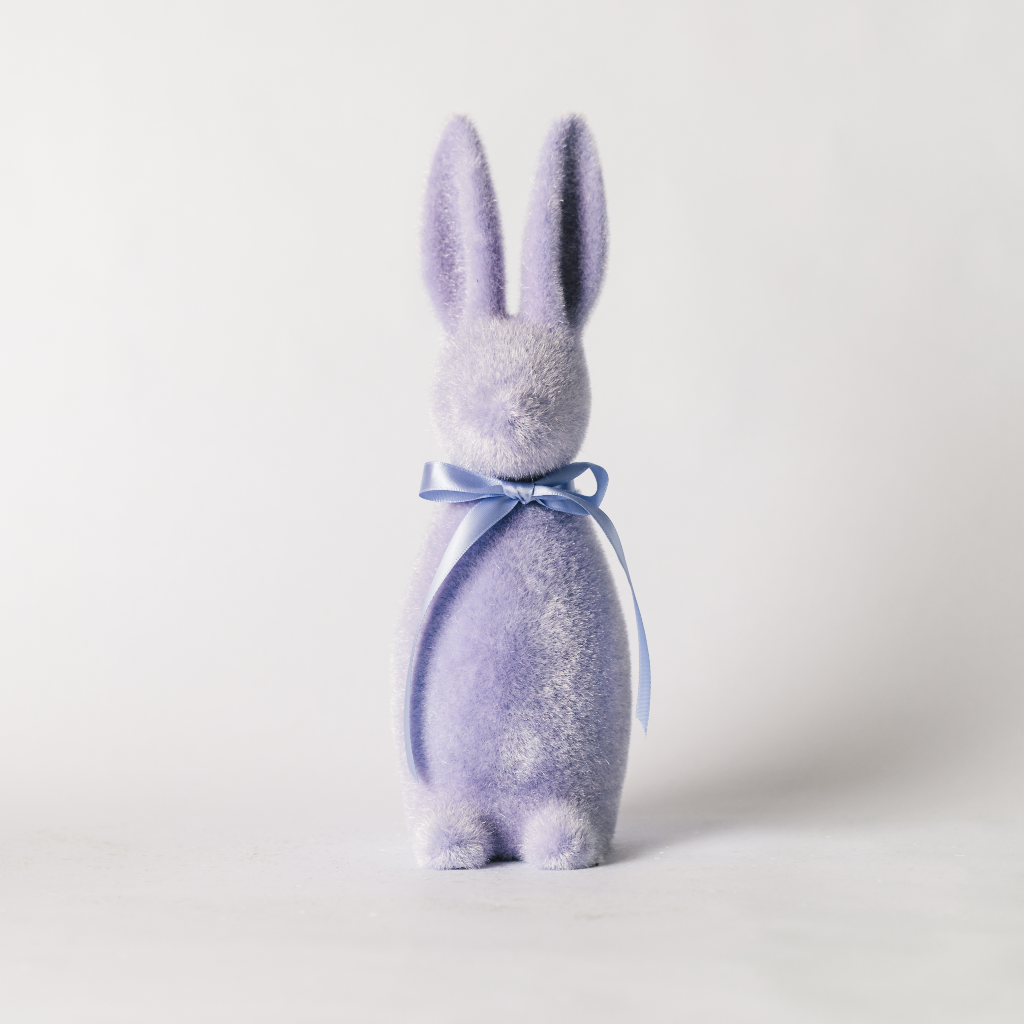 30cm tall flocked lilac Easter bunny decoration with purple ribbon tie