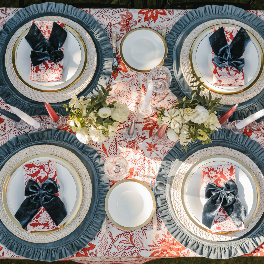 Top down view of four person red, white and blue Jubilee Tablescape