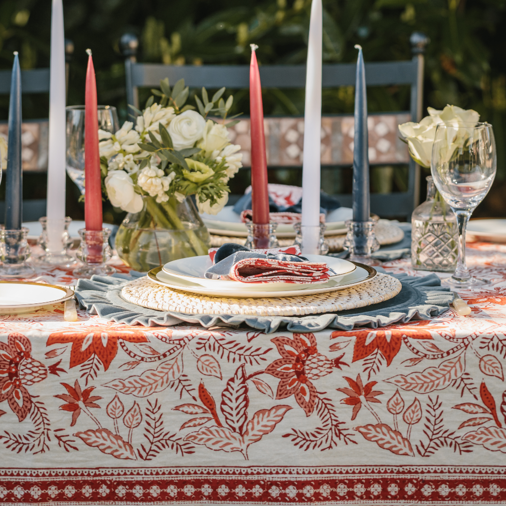 Side on view of Indian block printed cotton tablecloth on Jubilee tablescape