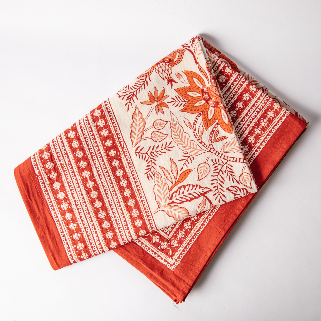 Folded red block print Garnet Tablecloth