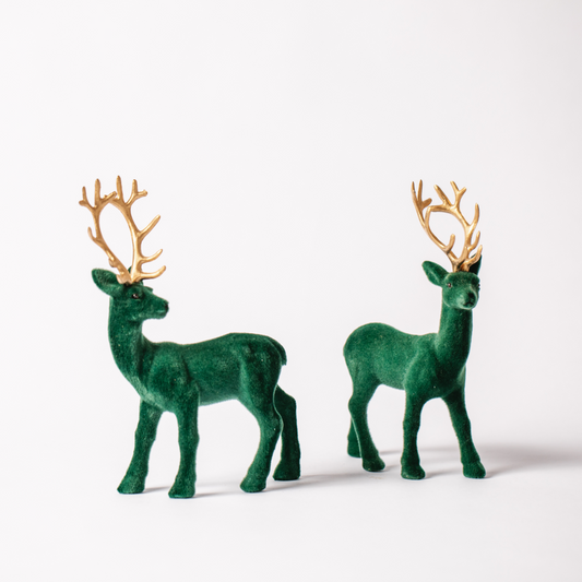 Forest green flocked stag reindeer pair of decorations