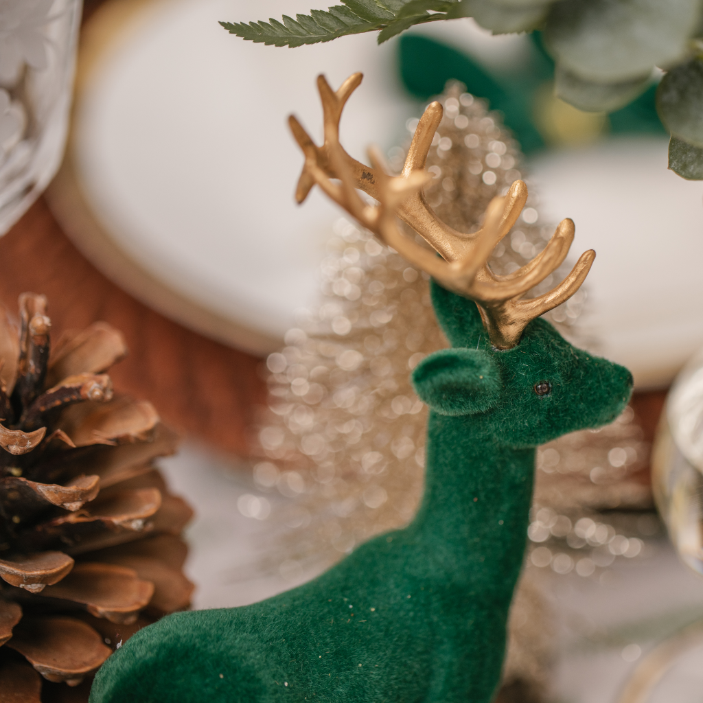 Green and gold velvet reindeer decoration