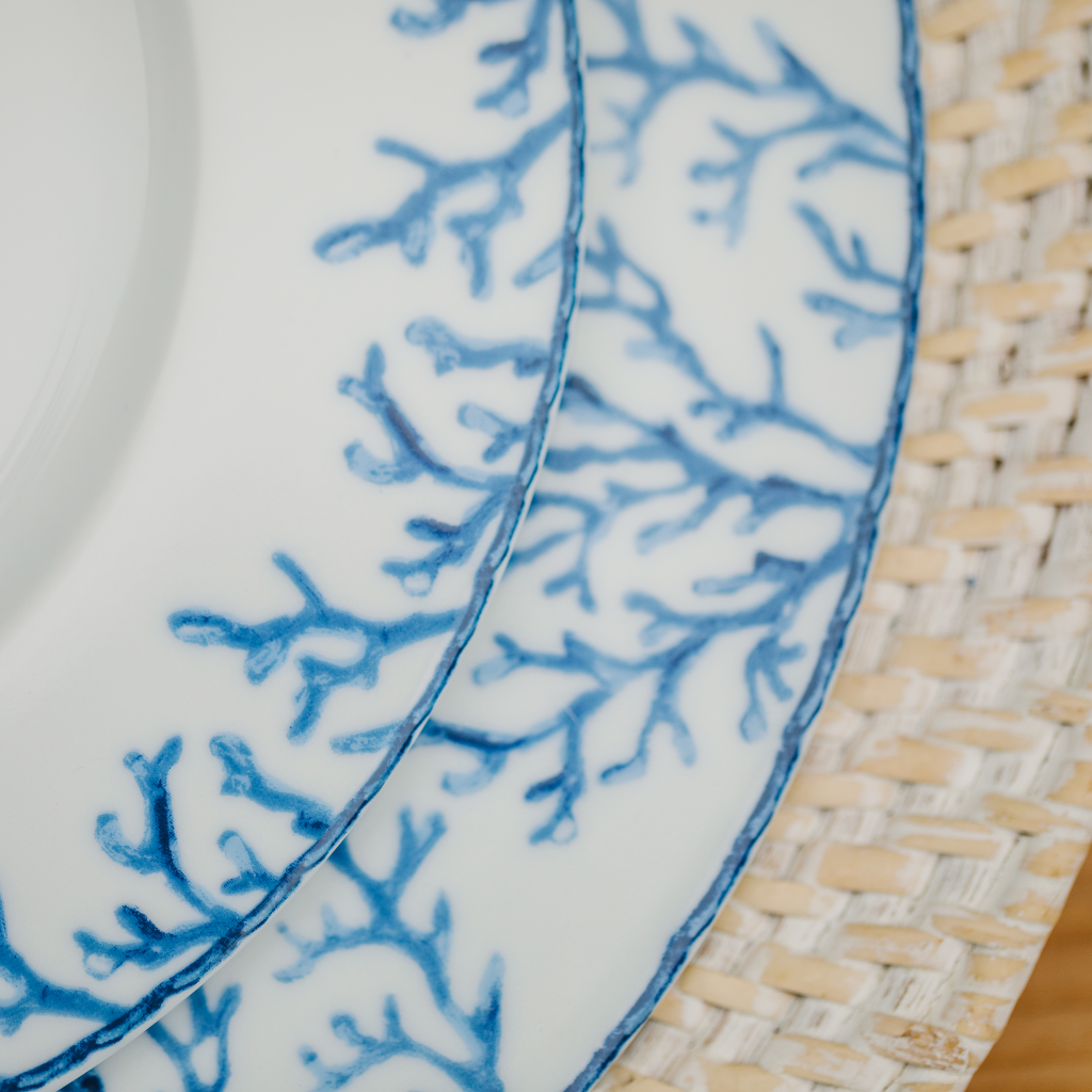 Painted blue coral trim on porcelain dinner and starter plate set